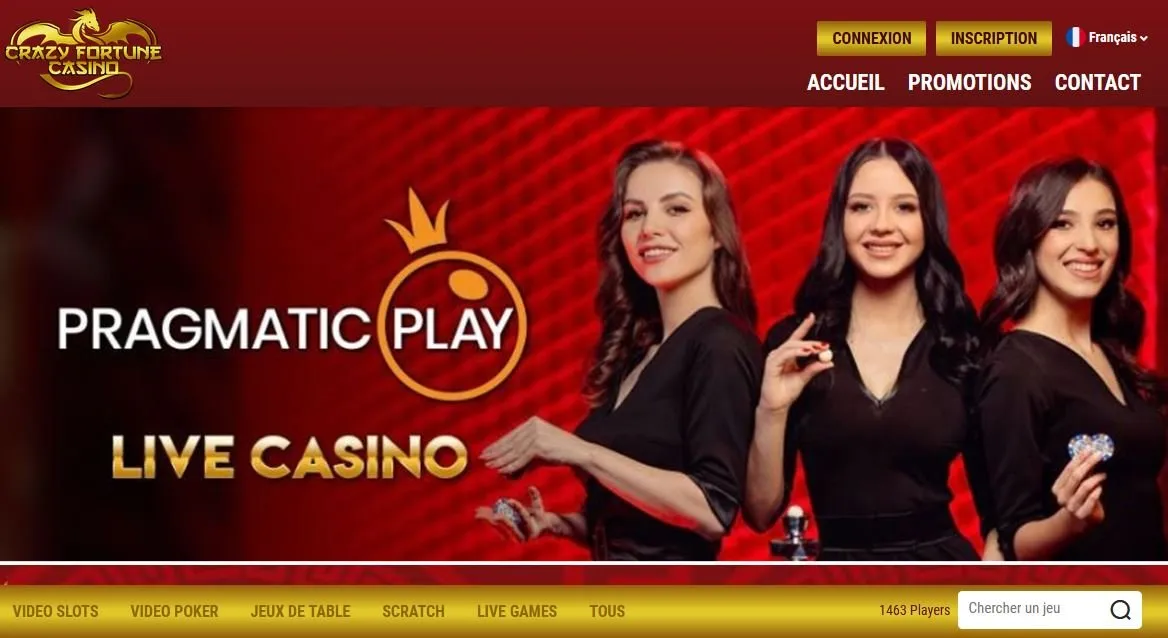 photo de la page daccueil du site Crazy Fortune Casino avec une banniere pour son son service de jeux en direct