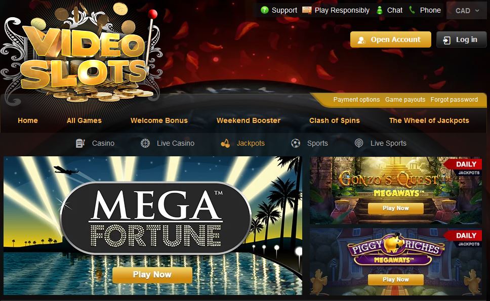 photo de la page principale du casino en ligne Videoslots avec la liste de ses principaux jeux avec jackpot