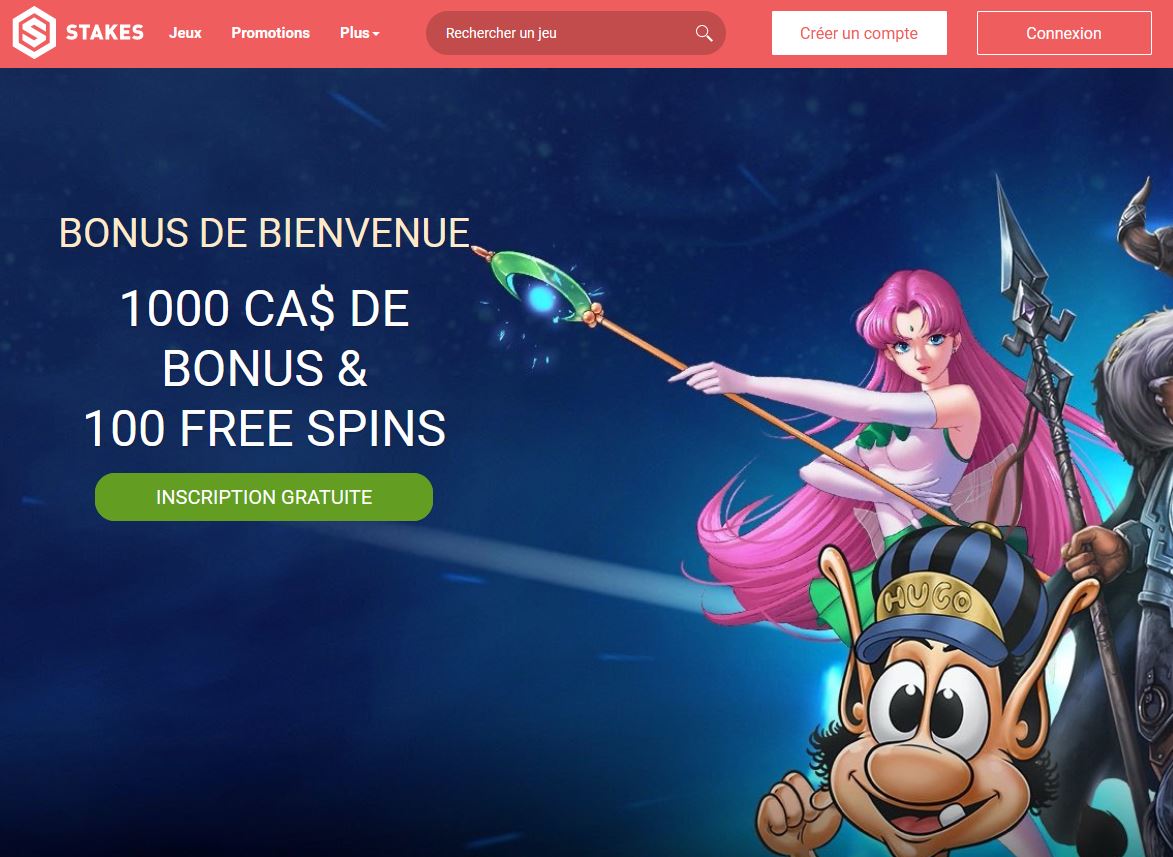 photo de la page principale en francais canadien du casino en ligne Stakes avec son bonus de bienvenue de 1000 CA et 100 free spins