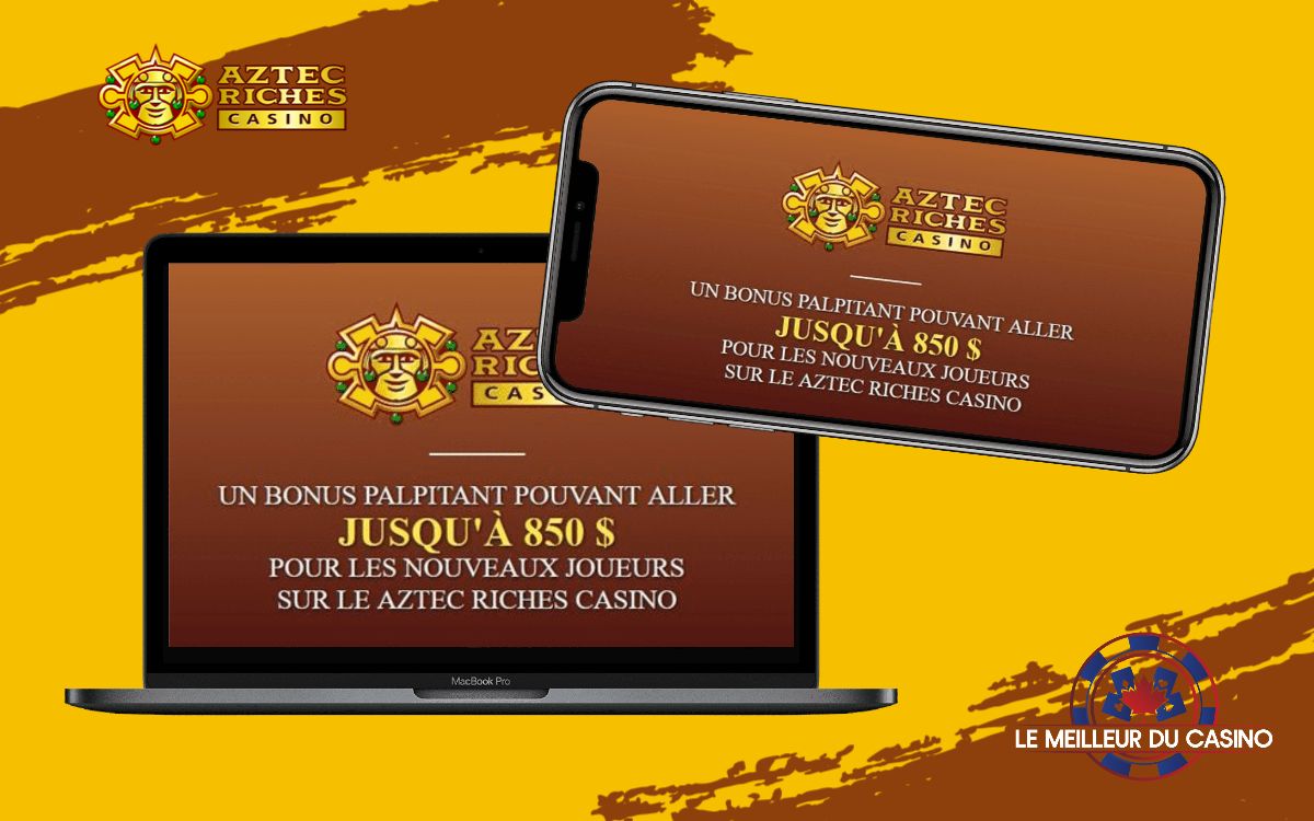 la page daccueil de Aztec Riches Casino sur un smartphone et un macbook pro test et avis realise par lemeilleurducasino