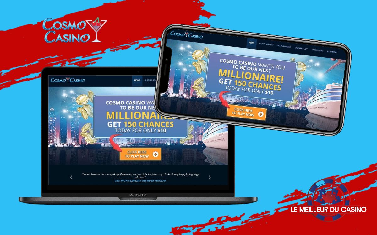 la page daccueil de Cosmo Casino sur un smartphone et un macbook pro test et avis realise par lemeilleurducasino
