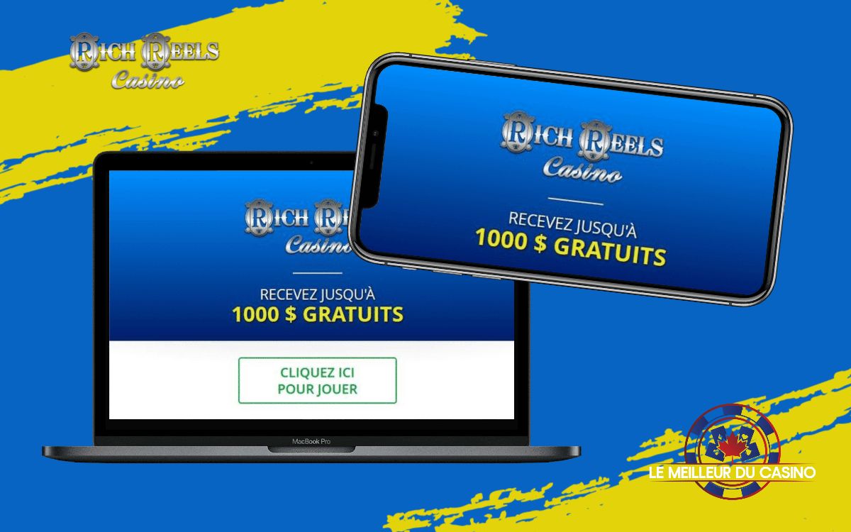 la page daccueil de Rich Reels Casino sur un smartphone et un macbook pro test et avis realise par lemeilleurducasino