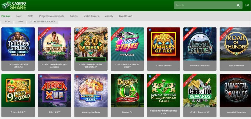 linterface de casino share sur la version web avec le navigateur firefox avec ses nombreux jeux de machines a sous progressives et classiques