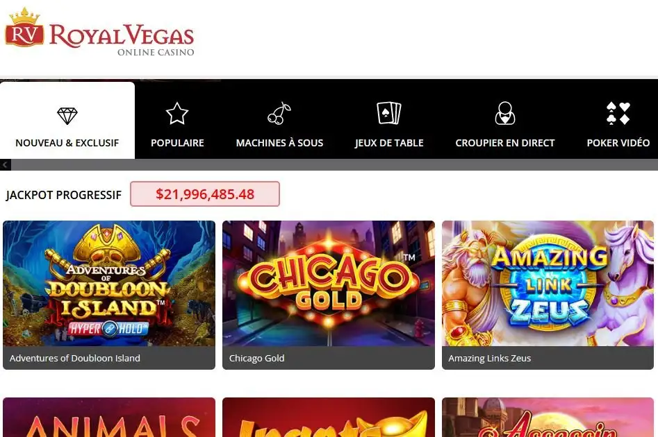photo que nous avons prise sur ordinateur de la page principale du casino virtuel Royal Vegas
